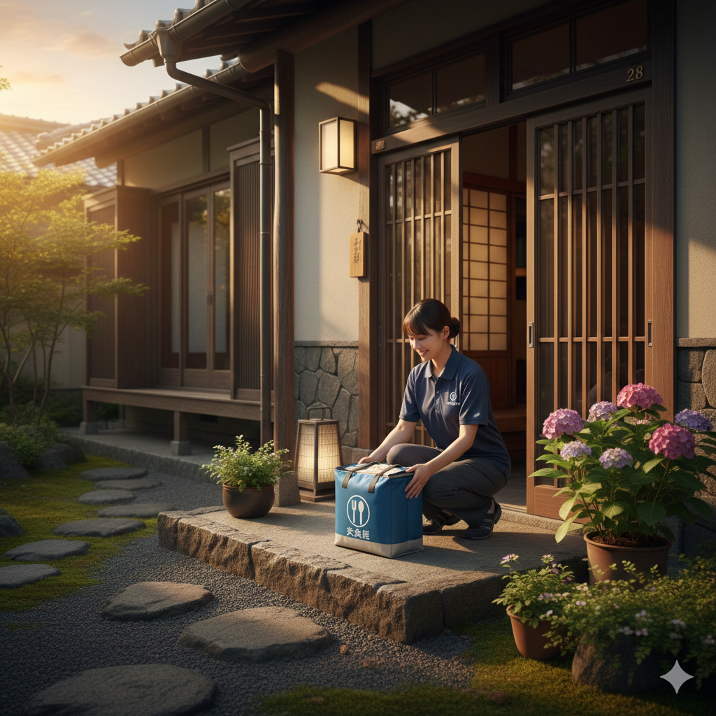 玄関に食事が届いたところ